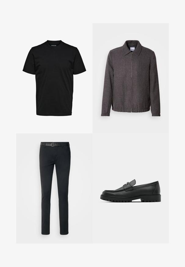 Lindbergh TEXTURED ZIP THROUGHT JACKET - Lichte jas - charcoal; Eenvoudig zwart T-shirt met korte mouwen, ronde hals en een normaal model zonder zichtbare patronen of logo's.; Zwarte chino's met een slim fit, voorzien van een gestructureerde zwarte riem en voorzakken, gemaakt van een lichtgewicht, duurzame katoenmix.; Zwarte leren instappers met een ronde neus, voorzien van een gestikt ontwerp, een lage platformzool en een gestructureerde, grof rubberen buitenzool.