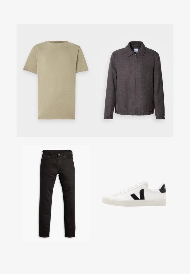 Lindbergh TEXTURED ZIP THROUGHT JACKET - Leichte Jacke - charcoal; Helles Khaki-T-Shirt, kurze Ärmel, Rundhalsausschnitt, weiche Textur, glatter Stoff, ohne Muster oder Akzente, gerade geschnitten, neutrale Farbe.; Schwarze Denim-Jeans mit geradem Bein, Fronttaschen und Knopfverschluss. Der Stoff hat eine glatte Textur und minimale Details.; Weiße Leder-Sneaker mit schwarzen Wildlederelementen; verfügen über eine Gummisohle, eine runde Spitze und ein klassisches Schnürdesign. Seitliches Logo in Schwarz.