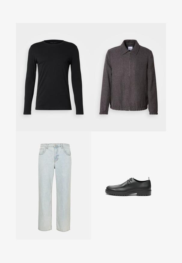 Lindbergh TEXTURED ZIP THROUGHT JACKET - Καλοκαιρινό μπουφάν - charcoal; Μαύρη μπλούζα μακρύ μανίκι φτιαγμένη από μαλακό ύφασμα. Διαθέτει στρογγυλή λαιμόκοψη και εφαρμοστή σιλουέτα χωρίς ορατά γραφικά ή διακοσμητικά στοιχεία.; Ανοιχτό μπλε τζιν με ίσιο πλάι, μπροστινές τσέπες, θηλιές για ζώνη και κλείσιμο με κουμπί σε μονόχρωμο φόντο.; Μαύρα δερμάτινα παπούτσια με απαλό φινίρισμα, στρογγυλή μύτη και διακοσμητική ραφή. Διαθέτουν καουτσούκ σόλα με αυλακώσεις πρόσφυσης και σχέδιο δέσιμο.