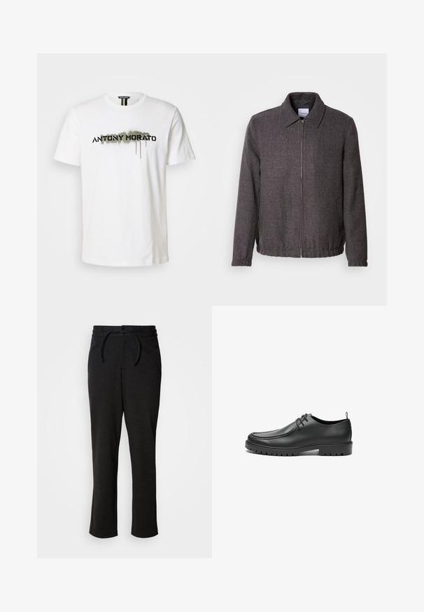 Lindbergh TEXTURED ZIP THROUGHT JACKET - Leichte Jacke - charcoal; Weißes Baumwoll-T-Shirt mit einem auffälligen schwarzen "ANTONY MORATO"-Logo und grünen Sprühfarbe-Elementen, Rundhalsausschnitt und kurzen Ärmeln.; Schwarze Strickhose mit einem Kordelzugbund, geradem Bein und Seitentaschen. Weiche Textur mit glatter Oberfläche.; Schwarze Lederschuhe mit glatter Oberfläche, runder Zehenform und dekorativer Naht. Mit einer Gummisohle mit Traktionsrillen und Schnürdesign.