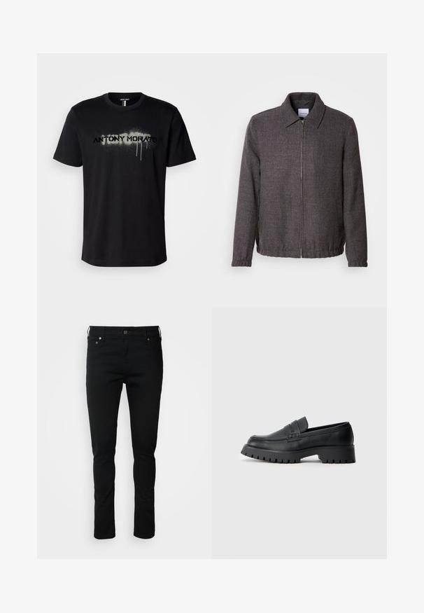 Lindbergh TEXTURED ZIP THROUGHT JACKET - Lichte jas - charcoal; Zwarte katoenen t-shirt met een gespoten tekstgrafiek "ANTONY MORATO" in grijs met druipende details, korte mouwen en een ronde hals.; Zwarte denim jeans met een slim fit, voorzien van een ritssluiting, riemlussen en voorkruimelzakken. Soepele textuur, minimale details, klassiek ontwerp.; Zwarte leren instappers met een ronde neus, voorzien van een decoratieve riem en een stevige rubberen zool met diepe groeven voor grip.
