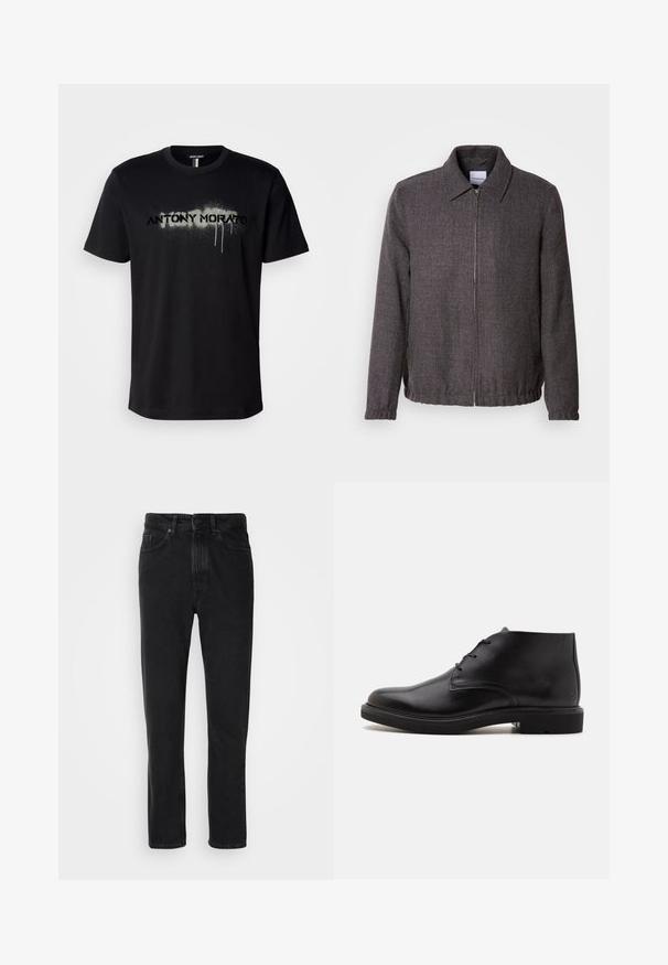 Lindbergh TEXTURED ZIP THROUGHT JACKET - Leichte Jacke - charcoal; Schwarzes Baumwoll-T-Shirt mit einem gesprühten Schriftzug "ANTONY MORATO" in Grau mit tropfenden Details, kurzen Ärmeln und rundem Halsausschnitt.; Schwarze Denim-Jeans mit geradem Beinschnitt, ausgestattet mit einem Knopf- und Reißverschluss, Fronttaschen und subtiler Textur.; Schwarzer Lederknöchelstiefel mit drei Ösen, abgerundeter Spitze und flacher Sohle auf einfachem hellem Hintergrund.