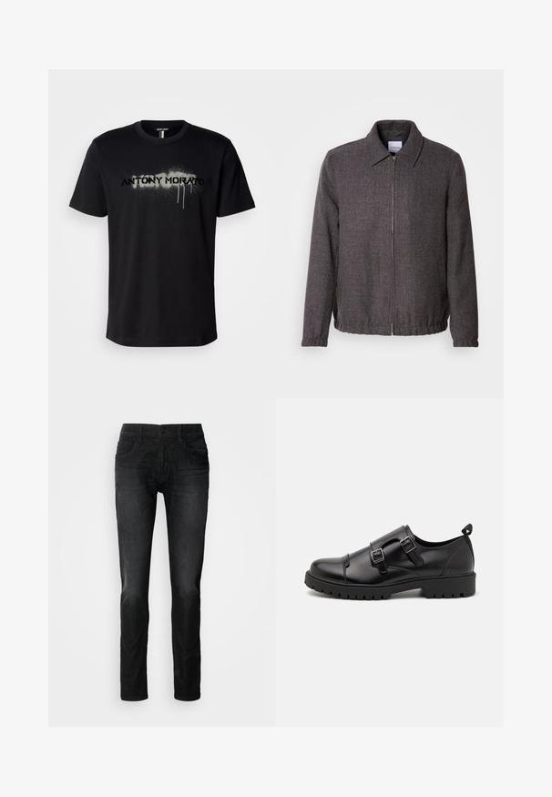 Lindbergh TEXTURED ZIP THROUGHT JACKET - Leichte Jacke - charcoal; Schwarzes Baumwoll-T-Shirt mit einem gesprühten Schriftzug "ANTONY MORATO" in Grau mit tropfenden Details, kurzen Ärmeln und rundem Halsausschnitt.; Schwarze Denim-Jeans mit geradem Bein, ausgestattet mit fünf Taschen, einem Knopfverschluss und einer dezenten Stoffstruktur. Keine sichtbaren Abnutzungserscheinungen oder Muster.; Pier One by Zalando Business-Slipper - black