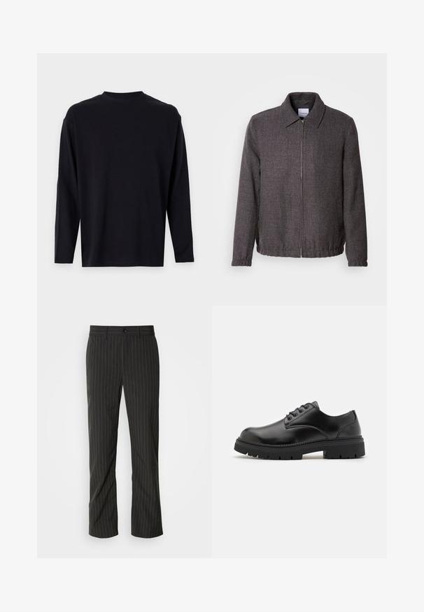 Lindbergh TEXTURED ZIP THROUGHT JACKET - Lichte jas - charcoal; Zwarte lange mouw t-shirt van gladde stof. Heeft een ronde hals, een losvallende pasvorm en geen zichtbare patronen of versieringen.; Zwarte broek met streepjes en een rechte snit. Beschikt over een gladde textuur, een sluiting met knoop aan de voorkant en riemlussen.; Zwarte leren schoenen met een ronde neus, vetersluiting en een dikke, gestructureerde rubberen zool. Kenmerken zijn stiksels langs de rand en een gladde afwerking.
