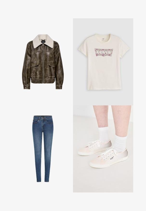 Brun læderbomberjakke med stor hvid fleeceskrave, forreste lynlås og to klaplommer, elastisk talje og manchetter.; Cremefarvet Levi's t-shirt med et blomster-mønstret logo i lilla og hvid på brystet, korte ærmer og rund halsudskæring.; Slanke jeans lavet af mørkeblå denim, med en mellemhøj talje, fem lommer og kontrasterende syninger. Glat tekstur med en let stræk.; Lysfarvede lærredstræningssko med hvide snørebånd, der har lyserøde og beige detaljer, en hvid gummisål og et logo på siden.