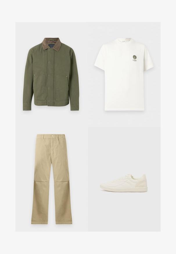Olivengrüne Jacke mit einem braunen Cordkragen, vorderen Druckknopftaschen und geradem Schnitt. Hergestellt aus einem strapazierfähigen Stoff mit einer glatten Textur.; Weißes T-Shirt mit kurzen Ärmeln, kleinem grünen Regenschirm und "LA SPIAGGIA" Textlogo auf der linken Brust.; Beige gerade geschnittene Hose mit Druckknopfverschluss, Gürtelschlaufen und Nahtdetails an den Knien, flach auf einem weißen Hintergrund ausgelegt.; ALDO THEPITCH - Sneaker low - white