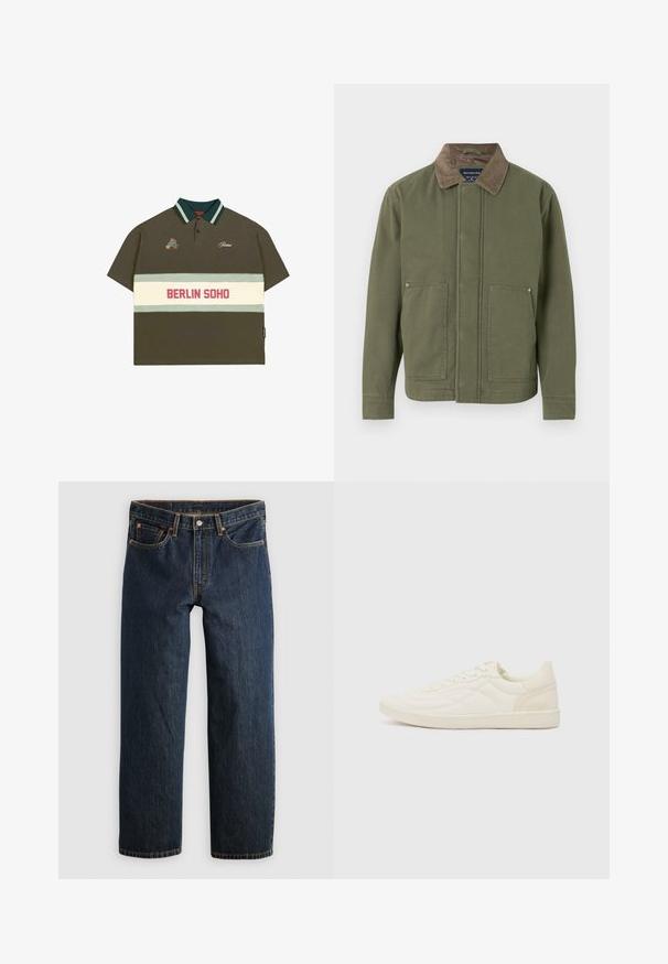 Chaqueta de color verde oliva con un cuello de pana marrón, bolsillos delanteros con botón a presión y corte recto. Fabricada con un tejido duradero y de textura suave.; Polo de color verde oliva con mangas cortas, cuello a rayas en verde y azul claro, que presenta una banda blanca con "BERLIN SOHO" en rojo.; Vaqueros de mezclilla azul oscuro con corte recto. Presentan cinco bolsillos, costuras en contraste y cierre de botón en la cintura.; ALDO THEPITCH - Zapatillas - white