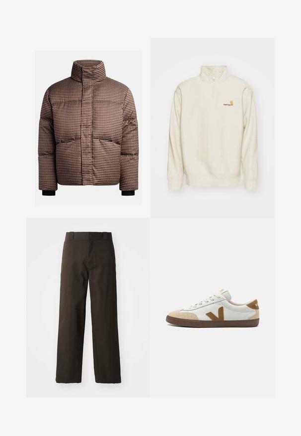 Gecontroleerde pufferjack in bruin- en crèmekleuren, met een hoge kraag, voorzakken en elastische manchetten voor een nauwe pasvorm.; Crème-kleurige pullover sweatshirt met een hoge kraag, halve rits en geribde manchetten. Heeft een klein oranje en rood logo op de borst.; Zwarte katoenen broek met een recht model, voorzien van een knoopsluiting en een klassieke tailleband. Gladde textuur, zonder patronen of accenten.; Witte sneakers met tan suede accenten, voorzien van een gestructureerde bruine rubberen zool, vetersluiting en een logo op de hak.