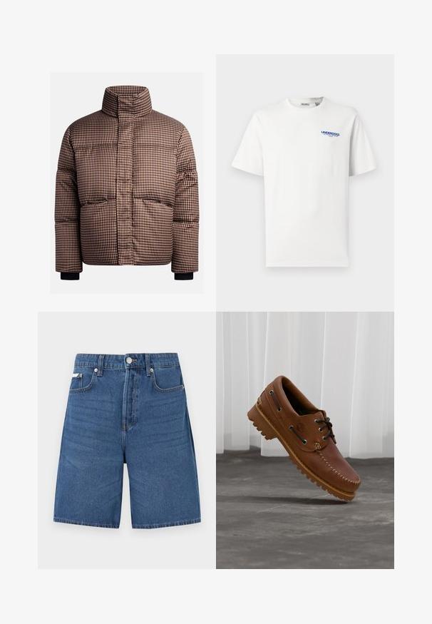 Gepufferte Jacke mit Karomuster in Braun- und Cremetönen, ausgestattet mit einem hohen Kragen, Vordertaschen und elastischen Bündchen für eine bequeme Passform.; Weißes kurzärmliges T-Shirt mit Rundhalsausschnitt und kleinem blauen "UNDERDOGS"-Text sowie zusätzlichem kleinerem Text auf der oberen linken Brust.; Hellblaue Jeansshorts mit Frontreißverschluss, Knopfverschluss, Gürtelschlaufen und fünf Taschen, vor schlichtem weißem Hintergrund dargestellt.; Brauner Leder-Bootsschuh mit schwarzen Schnürsenkeln, beigen Nähten und einer robusten Sohle, schwebt über einem grauen Betonboden.