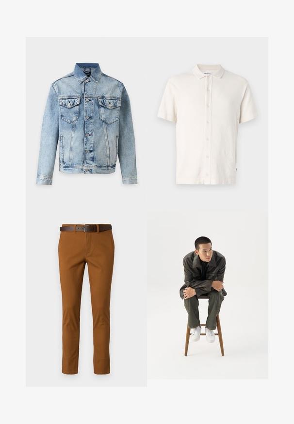 Lyseblå denimjakke med knapper foran, to brystlommer med klapper og knapper samt sidelommer, vist på hvid baggrund.; Kortærmet polo t-shirt i off-white, med tekstureret stof, knaplukning og typisk kravedesign. Enkel og alsidig stil.; Brune bomuldsbukser med slim fit, der har et brunt læderbælte og diskrete syninger. Glat tekstur og skræddersyet form.; Ung mand i mørk læderjakke og jeans sidder på en træskammel, læner sig fremad med armene krydset og kigger til siden mod hvid baggrund.