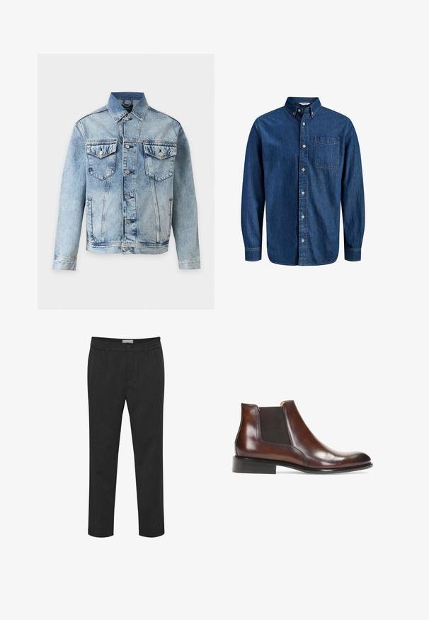 Veste en denim bleu clair avec fermeture à boutons, deux poches poitrine à rabats avec boutons et poches latérales, présentée sur fond blanc.; Chemise en denim bleu foncé à manches longues, avec fermeture boutonnée sur le devant, col pointu, poche poitrine simple et détails de couture classiques.; Pantalon noir en tissu lisse, avec fermeture à bouton et passants de ceinture. Conception à jambe droite avec une texture subtile.; Bottine en cuir marron avec des panneaux latéraux élastiques, une finition lisse, des coutures décoratives et un talon rectangulaire bas.