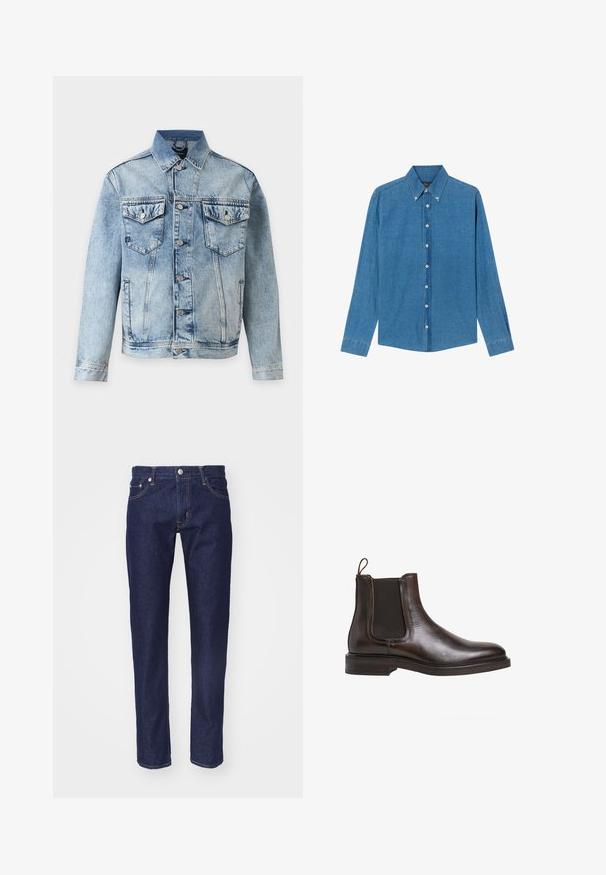 Lichtblauw spijkerjack met knoopsluiting aan de voorkant, twee borstflapzakken met knopen en zijzakken, afgebeeld op een witte achtergrond.; Blauwe denim shirt met een button-down kraag, lange mouwen en knopen aan de voorkant. De stof heeft een gestructureerde afwerking met een klassieke snit.; Marineblauwe denim spijkerbroek met een rechte pasvorm, vijf-pocket ontwerp, contrasterende oranje stiksels en een zilveren knoopsluiting aan de taille.; Bruine leren Chelsea-boot met elastische zijpanelen, een lus om aan te trekken en een lage gestapelde hak. Gladde textuur en slanke silhouet.
