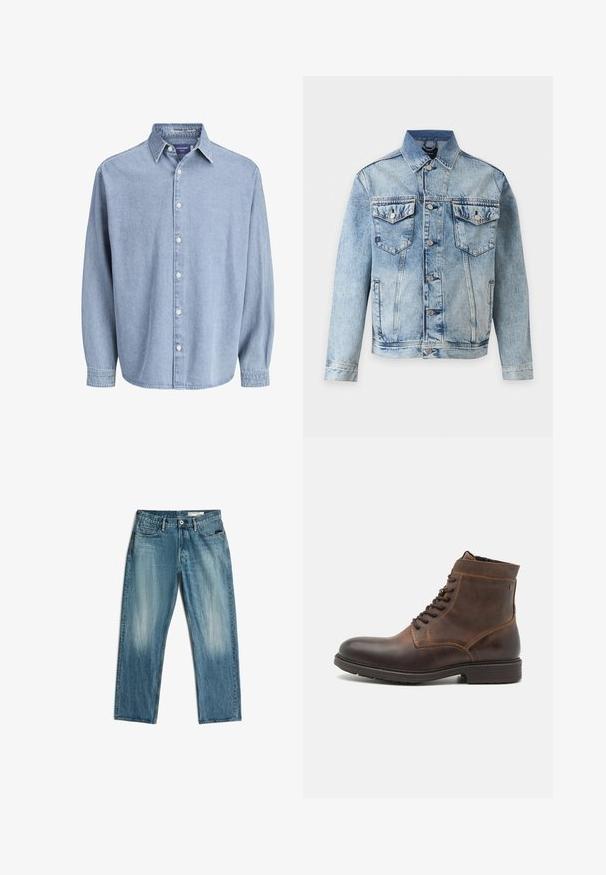 Lichtblauw spijkerjack met knoopsluiting aan de voorkant, twee borstflapzakken met knopen en zijzakken, afgebeeld op een witte achtergrond.; Lichtblauwe denim lange mouw knoophemd met kraag en witte knopen, weergegeven tegen een effen witte achtergrond.; Blauwe rechte spijkerbroek met voorzakken, ceintuurlussen en vervaagde wassing op de dijen en knieën, plat gelegd op een witte achtergrond.; Jack & Jones JFWDELANEY BOOT - Veterboots - cognac