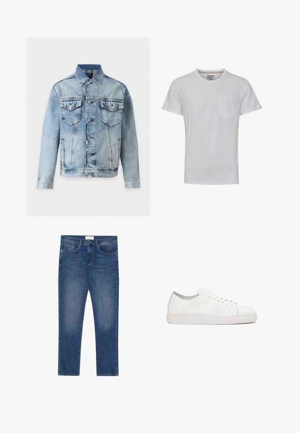 Lyseblå denimjakke med knapper foran, to brystlommer med klapper og knapper samt sidelommer, vist på hvid baggrund.; Hvid kortærmet T-shirt med rund halsudskæring og brystlomme. Lavet af et blødt stof, med opkrøllede manchetter og en afslappet pasform.; Herre blå denim jeans med lige pasform, fem lommer, let falmning og standard knap- og lynlås lukning.; Hvide lædersneakers med en glat tekstur, rund tå, snørebåndsdesign og diskrete syninger på en flad gummitsåler.