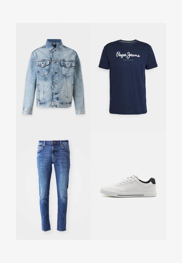 Hellblaue Jeansjacke mit Knopfleiste vorne, zwei Brustklappentaschen mit Knöpfen und Seitentaschen, abgebildet auf weißem Hintergrund.; Navyblaue Baumwoll-T-Shirt mit rundem Halsausschnitt und kurzen Ärmeln. Enthält weißen "Pepe Jeans"-Schriftzug und "LONDON" in grün darunter.; Blaue Jeans aus Denim im Slim Fit mit einem Five-Pocket-Design und leichten Abnutzungen. Mit einer markierten Knopf- und Reißverschlussöffnung.; Weiße Sneakers mit einem glatten synthetischen Obermaterial, runder Spitze, Schnürdesign, marineblauem Akzent an der Ferse und einer strukturierten Gummisohle mit einem schwarzen Streifen.