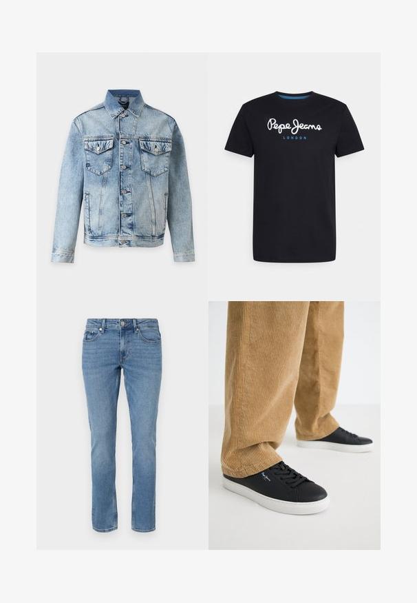 Hellblaue Jeansjacke mit Knopfleiste vorne, zwei Brustklappentaschen mit Knöpfen und Seitentaschen, abgebildet auf weißem Hintergrund.; Schwarzes Baumwoll-T-Shirt mit einem weißen Schriftlogo "Pepe Jeans" und blauen Akzenten, Rundhals und kurzen Ärmeln. Einfaches, schlichtes Design.; Blaue gerade geschnittene Denim-Jeans mit Fronttaschen, Gürtelschlaufen und Knopfverschluss.; Schwarze Ledersneaker mit weißen Gummisohlen. Getragen mit beigen Cordhosen, die vertikale Rippungen und eine lockere Passform aufweisen.