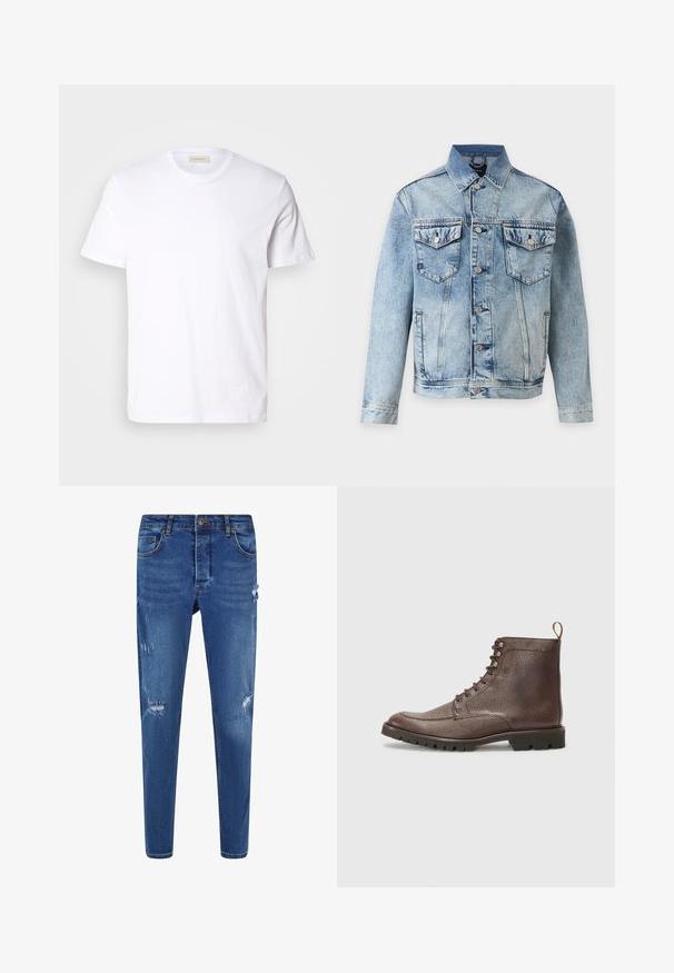 Chaqueta vaquera azul claro con cierre de botones en el frente, dos bolsillos de solapa con botones en el pecho y bolsillos laterales, mostrada sobre fondo blanco.; Camiseta blanca de manga corta hecha de algodón suave. Presenta un cuello redondo y un pequeño logotipo sutil en el pecho.; Jeans de denim azul oscuro con corte ajustado, que presentan parches desgastados y un cierre de botón. Diseño de cinco bolsillos con detalles de costura sutil.; Hackett London SLOANE APRON - Botines con cordones - dark mocca brown