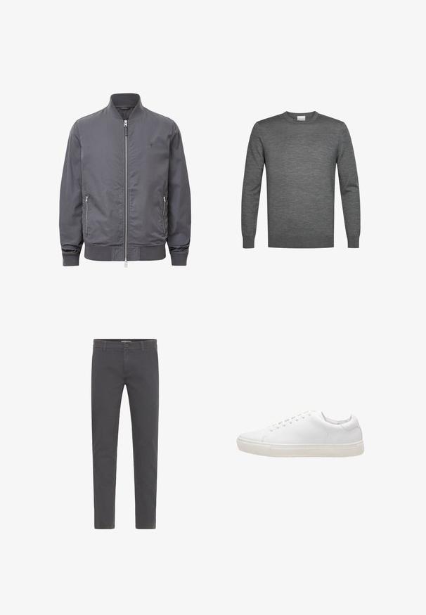 Chaqueta bomber gris con cuello acanalado, cierre de cremallera en la parte delantera y dos bolsillos laterales. Textura suave con un acento de logo tonal en el pecho.; Suéter de cuello redondo y mangas largas en gris oscuro con puños y bajo acanalados, mostrado sobre un fondo blanco liso.; Pantalones grises de corte ajustado, elaborados en suave algodón. Presentan un cierre con botón, presillas para cinturón y un diseño limpio y aerodinámico. Sin patrones visibles.; Zapatilla de cuero blanco con textura suave, puntera redonda, cierre de cordones y suela de goma plana. Diseño minimalista sin patrones visibles.