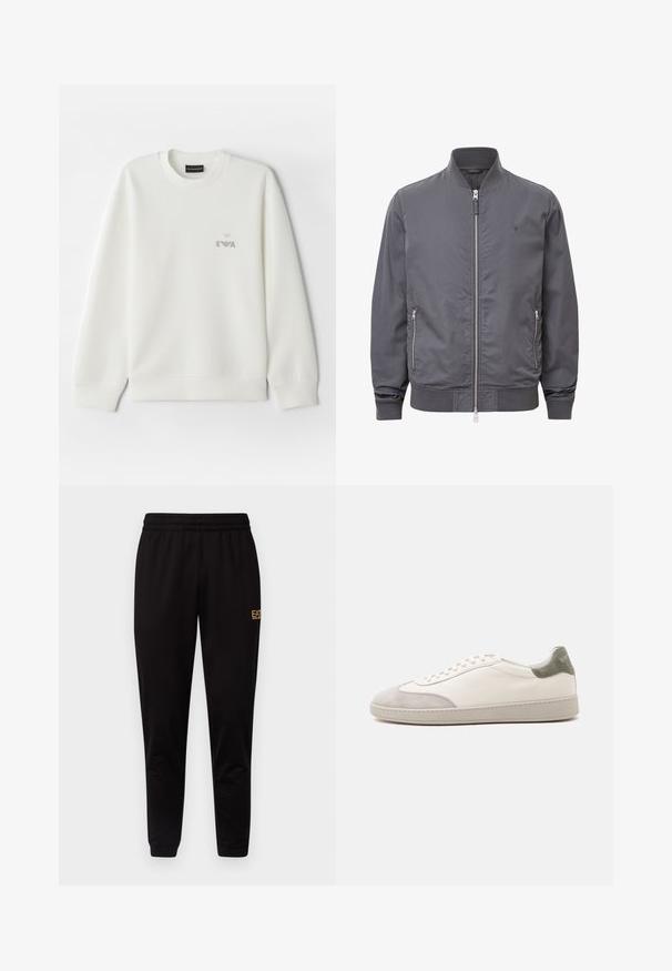 Grijze bomberjack met een geribbelde kraag, ritssluiting aan de voorkant en twee zijzakken. Glad textuur met een tonale logoaccent op de borst.; Witte sweatshirt gemaakt van zachte stof. Heeft een ronde halslijn en lange mouwen. Een klein grijs geborduurd logo is op de borst geplaatst.; Zwarte sweatpants met een elastische tailleband, aangesloten boorden en een klein geel logo op het bovenste deel van het linkerdij. Zachte, gladde stofstructuur.; Witte lage sneaker met lichtgrijze suède accenten op de neus en hiel, witte veters en een platte beige zool, gezien vanaf de buitenkant.
