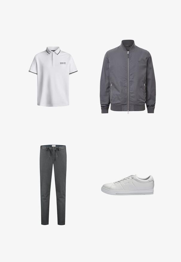 Blouson bomber gris avec un col côtelé, une fermeture éclair à l'avant et deux poches latérales. Texture lisse avec un accent de logo ton sur ton sur la poitrine.; Polo shirt blanc avec un col classique, des manches courtes, mettant en avant des accents noirs sur les manches et le logo "Red Bull Racing" sur la poitrine.; Pantalons gris extensibles avec une texture lisse, taille à cordon de serrage et fermeture à bouton. Présente un design ajusté et des coutures minimales visibles.; Baskets basses blanches en cuir avec lacets, nom de marque embossé sur le côté et semelle en caoutchouc plate avec fines rayures horizontales.