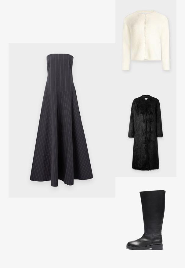 Sort fake pelsjakke med fuldlængde design, lange ærmer og en blød, tekstureret overflade. Har en minimalistisk stil og ingen synlige lukninger.; Cremefarvet cardigan med lange ærmer, rund halsudskæring, perle-lignende knapper foran og blødt, struktureret strikstof.; Strop-fri mørkeblå aftenkjole med subtile hvide nålestriber, tætsiddende overdel og udvidet A-formet nederdel.; Sort læder knæhøj støvle med rund tå, glat finish, blokhælt og lynlås lukning bagpå for nem påklædning.