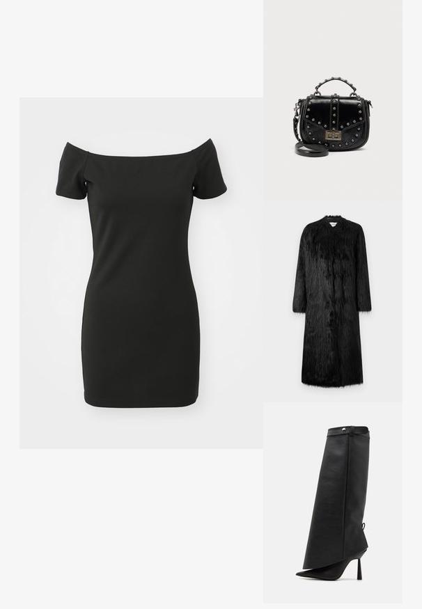Zwarte nepbontjas met een volledig ontwerp, lange mouwen en een zachte, gestructureerde oppervlakte. Heeft een minimalistische stijl en geen zichtbare sluitingen.; Zwarte off-shoulder jurk van rekbaar materiaal, met kortere mouwen en een aansluitende pasvorm. Soepele textuur zonder patronen.; Zwarte enkelboot met een puntige neus en een hoge stilettohak. Gemaakt van gestructureerd leer met een opvallend gevouwen ontwerp aan de bovenkant.; Zwarte leren handtas met zilveren studs, bovenhandvat, klep aan de voorkant en verstelbare schouderriem op een effen witte achtergrond.