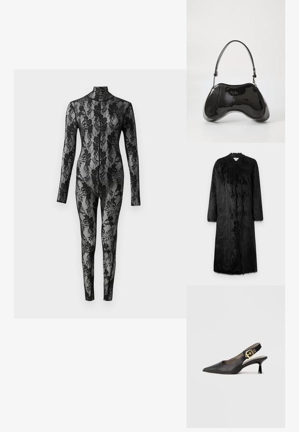 Sort fake pelsjakke med fuldlængde design, lange ærmer og en blød, tekstureret overflade. Har en minimalistisk stil og ingen synlige lukninger.; Sort blonde bodysuit med lange ærmer, høj krave og blomstermønster, der dækker hele overfladen. Tæt siddende design med gennemsigtig tekstur.; Sort slingback højhælt sko med spids tå, glat læderstruktur og en guldfarvet spændeaccent på remmen.; Sort patentlæder håndtaske med en unik buet form, kort justerbar hank og en lynlåslukning i toppen. Glat tekstur med diskret branding.