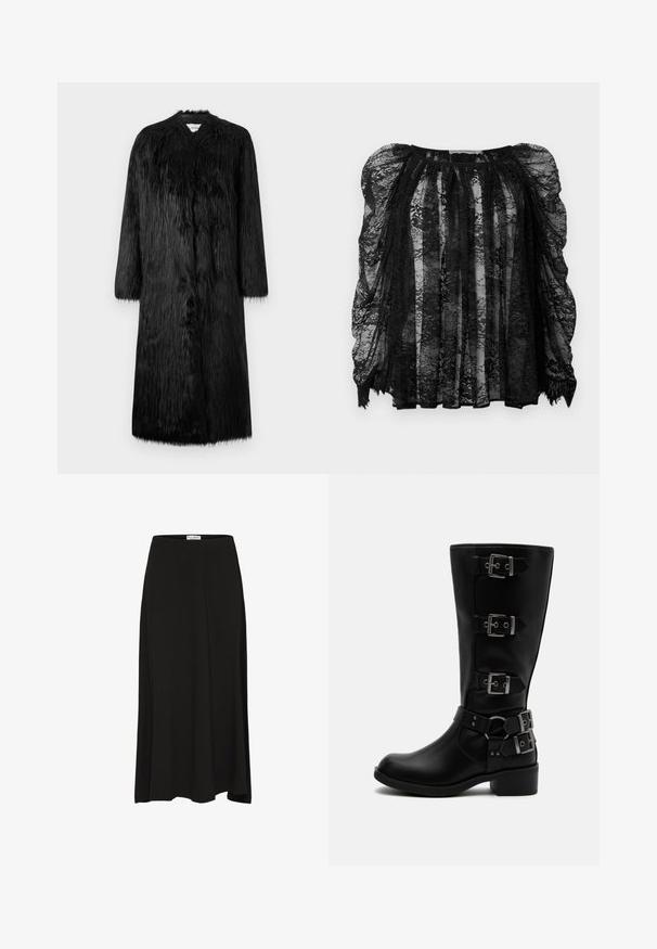 Schwarzer Kunstpelzmantel im vollflächigen Design, mit langen Ärmeln und einer weichen, strukturierten Oberfläche. Merkmale einen minimalistischen Stil und keine sichtbaren Verschlüsse.; Schwarze Spitzenbluse aus transparentem Stoff mit puffärmel, geplättetem Design und geschwungenem Saum. Komplexe Blumenmuster über die gesamte Bluse verteilt.; Schwarzer, knielanger Rock aus weichem Stoff mit glatter Textur, featuring einem elastischen Bund und einer fließenden Silhouette.; Schwarzer Lederstiefel bis zur Mitte der Wade mit vier verstellbaren Metallriemen und niedrigem Blockabsatz auf weißem Hintergrund.