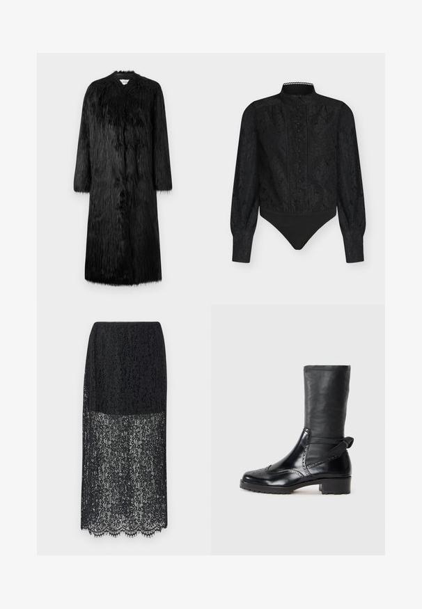 Manteau en fausse fourrure noire au design long, avec des manches longues et une surface douce et texturée. Il présente un style minimaliste sans fermetures visibles.; Body en dentelle noire avec manches longues, col montant, boutons décoratifs sur le devant et partie inférieure unie noire.; Jupe en dentelle noire à motif floral, partie inférieure semi-transparente, ourlet festonné et taille élastique.; Bottine noire avec une tige en cuir lisse, des détails de brogue, un bout rond et un talon bloc de hauteur moyenne. Comprend un tige douce et texturée.
