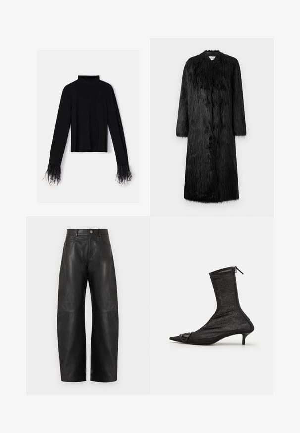 Sort fake pelsjakke med fuldlængde design, lange ærmer og en blød, tekstureret overflade. Har en minimalistisk stil og ingen synlige lukninger.; Sort langærmet top med høj hals; har tekstureret fjerkant ved ærmekanterne; lavet af blødt, elastisk stof.; Højttaljede sorte læderbukser med vide ben, forrest med knap, lynlås og to forlommer, vist mod en hvid baggrund.; Sorte mesh ankelstøvler med spidse tæer, lynlås og en lille hæl. Har en dekorativ spændeaccent nær tåområdet.