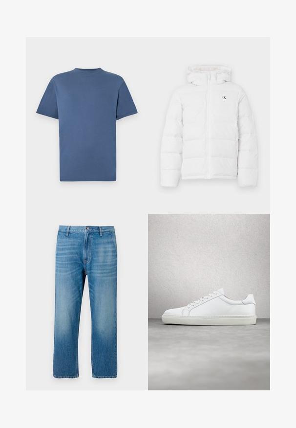 Weisse gepolsterte Jacke mit Kapuze, Frontreißverschluss, seitlichen Taschen und kleinem schwarzen "cK"-Logo auf der Brust.; Blaues T-Shirt mit kurzen Ärmeln und Rundhalsausschnitt, schlichtes, einfarbiges Design, flach auf weißem Hintergrund dargestellt.; Hellblaue Denim-Jeans mit geradem Schnitt, fünf Taschen, Knopfverschluss und dezentem Ausbleichen auf der Vorderseite. Keine sichtbaren Muster.; Weißer Sneaker mit glattem Lederobermaterial und niedrigem Profil. Verfügt über eine runde Zehenpartie, sechs Ösen und eine strukturierte Gummisohle.
