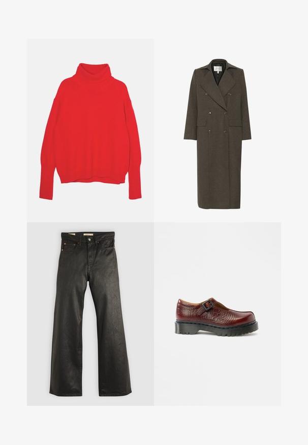 Gestuz ZINKA LONG COAT - Klasický kabát - dark mole; Červený pletený rolák s voľným strihom, dlhými rukávmi, rebrovanými manžetami a lemom. Hladká štruktúra a jednotná farba na celom povrchu.; Čierne džínsové nohavice s širokými nohavicami a hladkou textúrou, s piatimi vreckami a detailmi z medi. Klasické zapínanie na gombík.; Bordová kožená obuv Mary Jane so sponou, s textúrou krokodílej kože a hrubou čiernou gumovou podrážkou, s oblým dizajnom špičky.