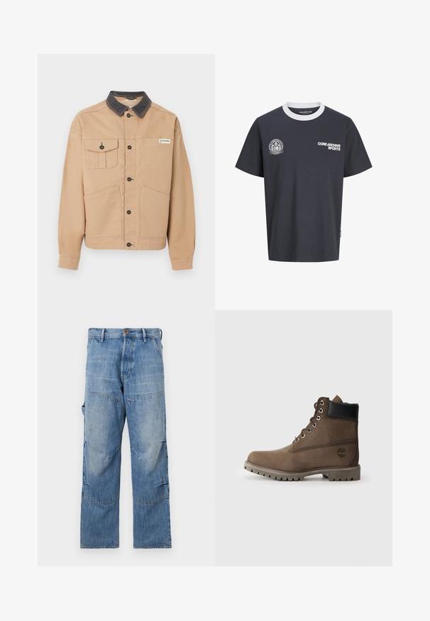 Beige jakke med sort krave, knaplukning foran, to store lommer forneden, en knaplukket brystlomme og Columbia-logo på brystet.; Sort T-shirt med korte ærmer og hvid rund hals, "CORE ARCHIVE SPORTS" tekst på højre bryst og cirkulært sportslogo på venstre bryst.; Lyseblå denimbukser med vide ben, slidte områder og patchwork-sømme. Har en frontknap og lynlås lukning med sidelommer.; Brune læder ankelstøvle med sort krave, metaløjer og slidstærk grå sål. Har logo på siden og syet detaljer.