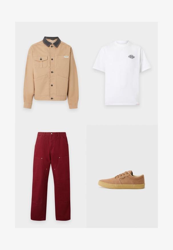 Beige jakke med sort krave, knaplukning foran, to store lommer forneden, en knaplukket brystlomme og Columbia-logo på brystet.; Hvid T-shirt med korte ærmer med lille sort-hvid Dickies-logo på venstre bryst, rund hals, ensfarvet design.; Bordeaux farvede bomuldsbukser med lige snit, som har to forlommer, sølvhardware og knædetaljer. Glat tekstur, mellem vægt.; Etnies BARGE - Sneakers - brown/beige/gum