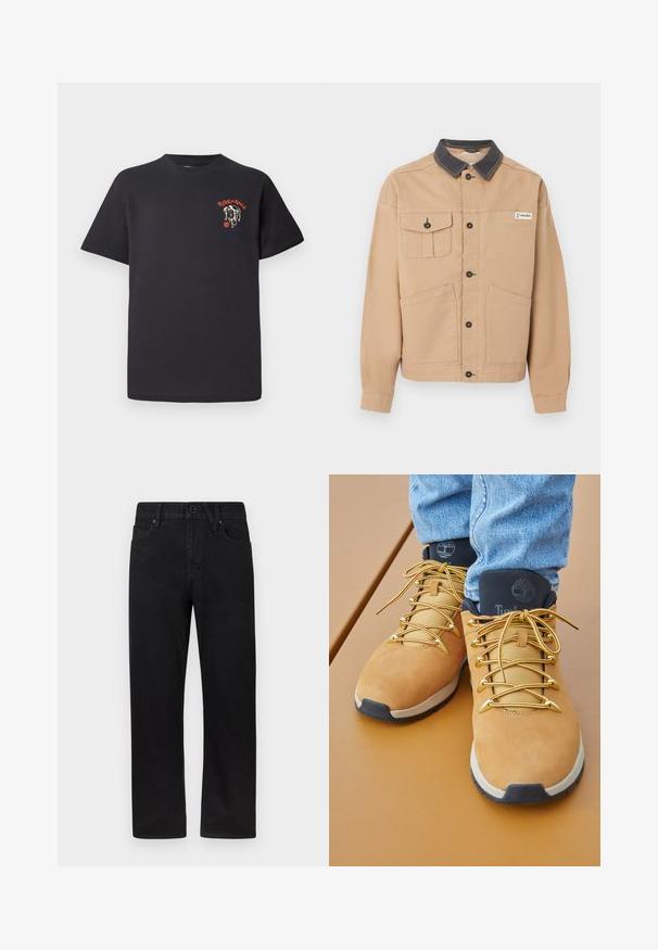 Beigefarbene Jacke mit schwarzem Kragen, Knopfleiste vorne, zwei großen unteren Taschen, einer mit Knopf verschließbaren Brusttasche und Columbia-Logo auf der Brust.; Schwarzes Baumwoll-T-Shirt mit rundem Ausschnitt, kurzen Ärmeln und einem grafischen Design eines Hundegesichts mit roten Akzenten auf der Brust.; Schwarze Denim-Jeans mit geradem Schnitt, Knopfverschluss und zwei Fronttaschen. Das Material hat eine glatte, leicht strukturierte Oberfläche.; Braune Wanderschuhe mit einer Oberseite aus Wildleder, metallischen Goldakzenten und einem gepolsterten, schwarzen Kragen. Verfügt über strukturierte Schnürsenkel und eine kontrastierende Sohle.