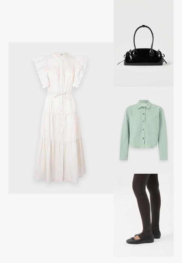 Chemise verte courte avec un col à revers, deux poches avant et une fermeture à boutons. Confectionnée dans un tissu texturé avec une finition douce.; Robe midi blanche avec un design à niveaux, un devant à boutons et des manches à volants festonnés. Fabriquée en tissu léger avec un détail de taille à nouer.; Jambes portant des leggings côtelés foncés associés à des ballerines noires avec de petits détails en nœud sur fond blanc.; Petit sac à main noir brillant avec deux longues anses et des détails à cordon sur les côtés sur un fond clair uni.