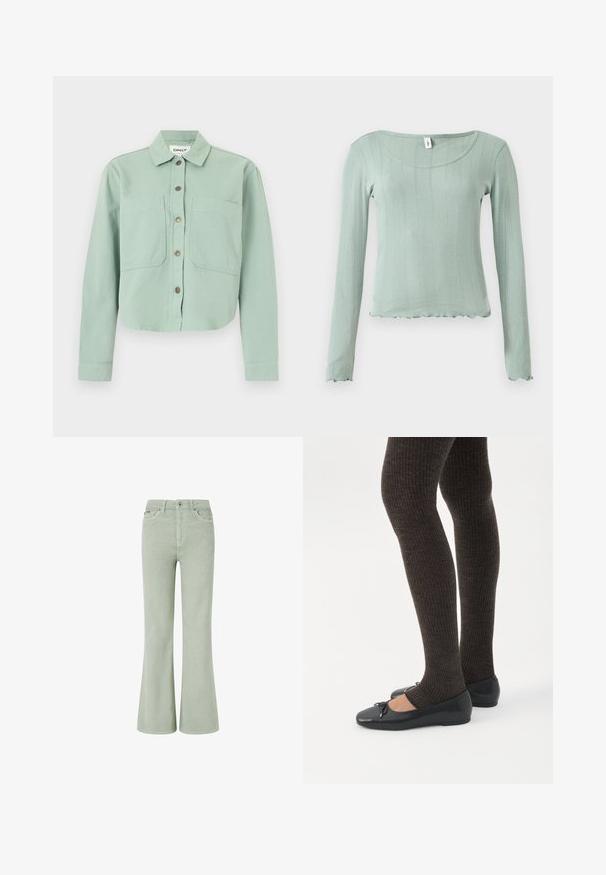 Chemise verte courte avec un col à revers, deux poches avant et une fermeture à boutons. Confectionnée dans un tissu texturé avec une finition douce.; Haut à manches longues vert clair avec une texture côtelée, un col en forme de scoop et un ourlet ondulé. Fabriqué en matériau doux, mettant en valeur une silhouette ajustée.; Jean en velours côtelé vert évasé avec une taille mi-haute, comprenant des poches avant, une fermeture à bouton et une texture douce.; Jambes portant des leggings côtelés foncés associés à des ballerines noires avec de petits détails en nœud sur fond blanc.