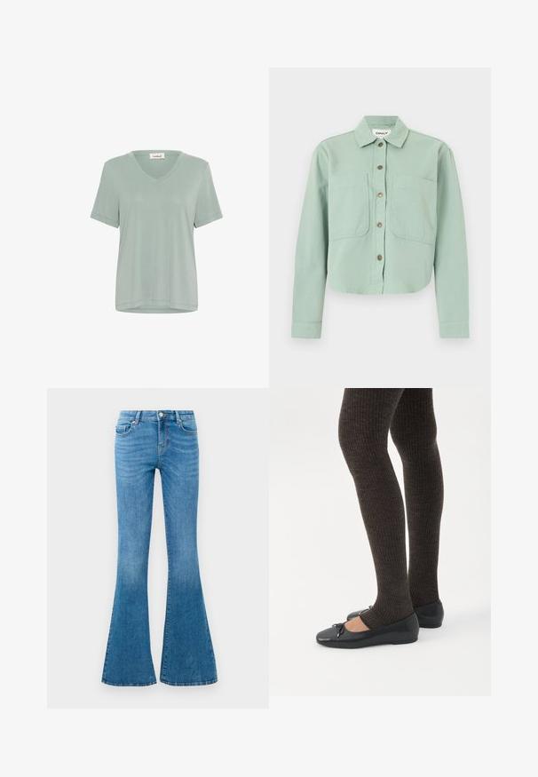 Camisa verde corta con cuello de solapa, dos bolsillos delanteros y cierre de botones. Confeccionada en una tela texturizada con un acabado suave.; Camiseta suave de color verde claro con cuello en V y mangas cortas. Fabricada con tela lisa, presenta un corte relajado y detalles de costuras mínimas.; Jeans de mezclilla azul acampanados con una cintura de media altura, que cuentan con cinco bolsillos, un cierre de botón estándar y un ligero desgastado para dar textura.; Piernas con leggings oscuros acanalados combinados con bailarinas negras que presentan pequeños detalles de lazo sobre un fondo blanco.