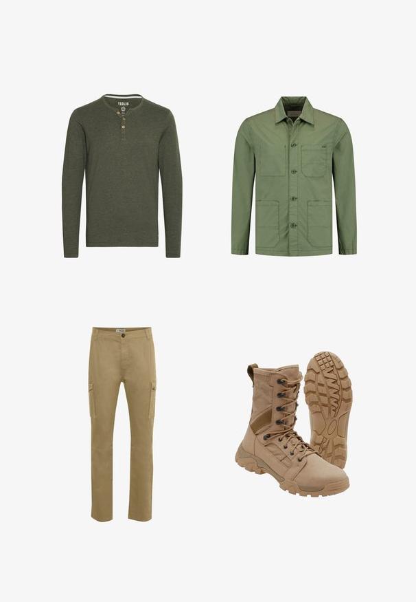 Veste en coton vert avec un col, une fermeture à boutons sur le devant, deux grandes poches poitrine et des poches latérales inférieures supplémentaires.; Solid SDVOLKO - T-shirt à manches longues - olive; Pantalons cargo beige avec une coupe droite, fabriqués en coton robuste. Dotés de poches latérales, d'une fermeture à bouton et de détails de genoux renforcés.; Botte tactique beige avec un lacet montant à la cheville et une semelle en caoutchouc robuste, une botte debout et une montrant le motif de la semelle.