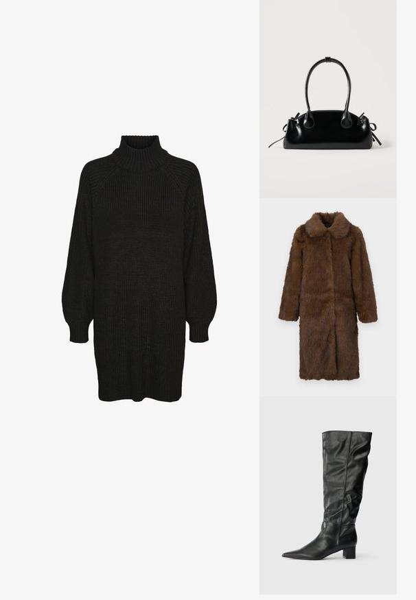 Brun faux fur frakke med bred krave, lange ærmer og en mellemlang design. Teksturen ser blød og shaggy ud, hvilket skaber et luksuriøst udseende.; Sort striktrøje kjole med høj ribbet krave, raglanærmer og tekstureret stof. Løs pasform med manchetærmer og lige kant.; Sorte læderknæhøje støvler med spids tå, afslappet skaft og blokhæl. Glat tekstur med minimal synlig syning.; Lille sort blank håndtaske med to lange håndtag og snøre-detaljer i siden på en ensfarvet lys baggrund.