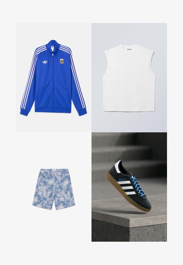 Blaue Sportjacke mit Reißverschluss, weißen Adidas-Streifen an den Ärmeln, Adidas-Logo auf der linken Brust und Emblem des Argentinischen Fußballverbands auf der rechten Brust.; Weißes ärmelloses Baumwolltop mit Rundhalsausschnitt und strukturierten Schultern, mit "WEEKDAY" auf dem Kragenetikett versehen, vor hellgrauem Hintergrund dargestellt.; Hellblaue Jeansshorts mit Wolkenmuster. Aus Baumwolle gefertigt, verfügen sie über ein klassisches Fünf-Taschen-Design und einen Knopfverschluss.; Schwarzer Adidas-Sneaker mit weißen Streifen, blauen Schnürsenkeln und Gummisohle, der über einer grauen Betontreppe im weichen Licht schwebt.