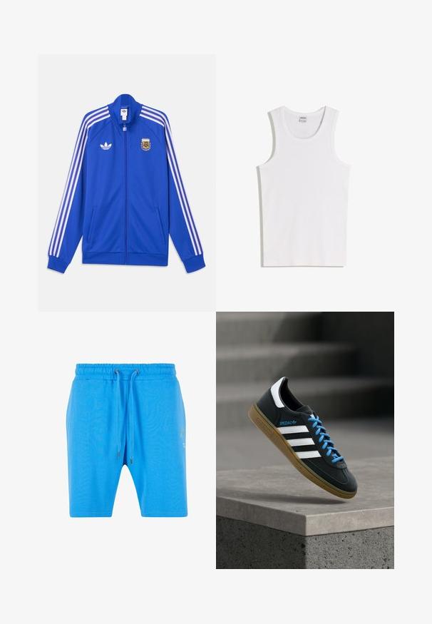 Blå sportjakke med lynlås med hvide Adidas-striber på ærmerne, Adidas-logo på venstre bryst og Argentina Football Association-emblem på højre bryst.; Hvid bomulds tanktop med rund halsudskæring og brede skulderstropper. Glat tekstur, uden mønstre eller detaljer, enkelt design.; Blå bomuldsshorts med elastisk talje, snorelukning og diskret grafikdetalje på siden. Glat tekstur og afslappet pasform.; Sort Adidas sneaker med hvide striber, blå snørebånd og gummisål, der svæver over gråt betontrin i blødt lys.