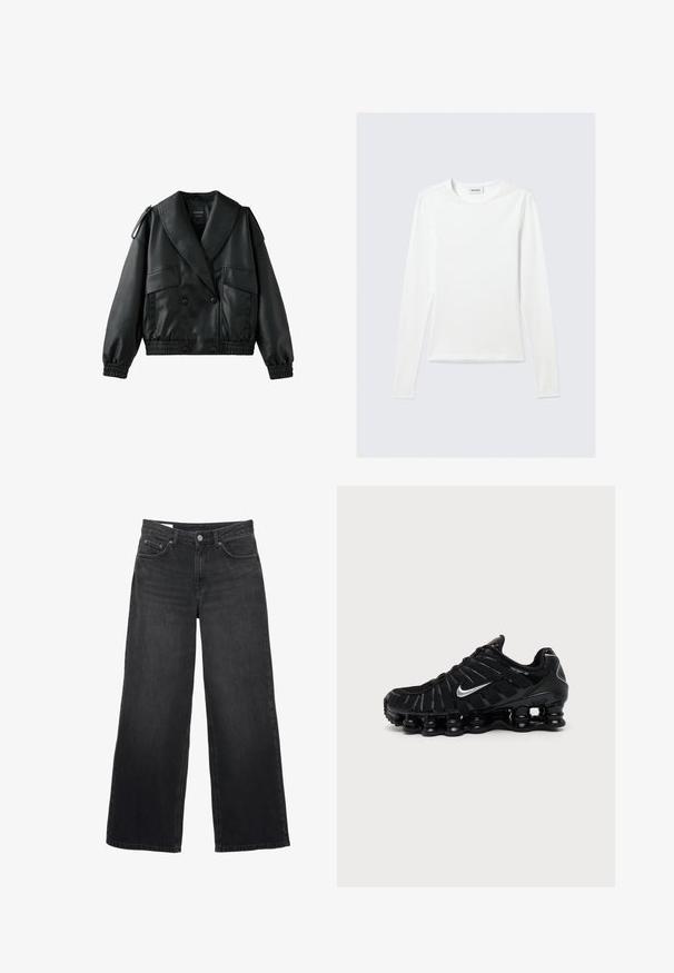 Schwarze Jacke aus Kunstleder mit weitem Kragen, doppelreihigen Knöpfen, elastischem Saum und Bündchen sowie vorderen Klappentaschen.; Langärmliges, schlichtes weißes Rundhals-Shirt mit schlanker Passform, dargestellt vor einem hellgrauen Hintergrund.; Schwarze Jeans mit weitem Bein und hoher Taille, vorne mit Knopf- und Reißverschluss, Gürtelschlaufen und Fünf-Taschen-Design.; Schwarzer Nike Sportschuh mit silbernem Swoosh-Logo, Mesh- und synthetischem Obermaterial und einer markanten segmentierten gepolsterten Sohle.