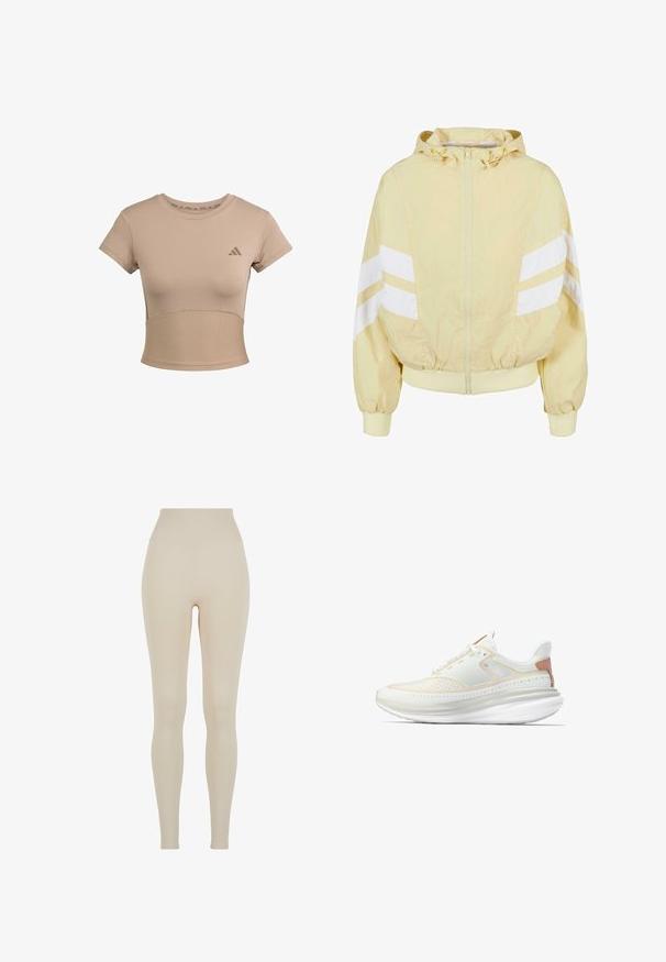 Lys gul hættejakke med hvide striber, lynlås, elastiske manchetter og bund, samt struktureret stof. Klassisk sporty design.; Beige sports cropped t-shirt med korte ærmer, ribbet nederste del og subtilt logo på brystet. Glat tekstur, tætsiddende design.; Beige leggings lavet af strækbart stof med en høj talje; glat tekstur, tætsiddende silhuet, ingen synlige mønstre eller hardware detaljer.; Hvid atletiksneaker med tyk, buet sål, mesh-overdel, snørelukning og beige accent på hælen mod hvid baggrund.