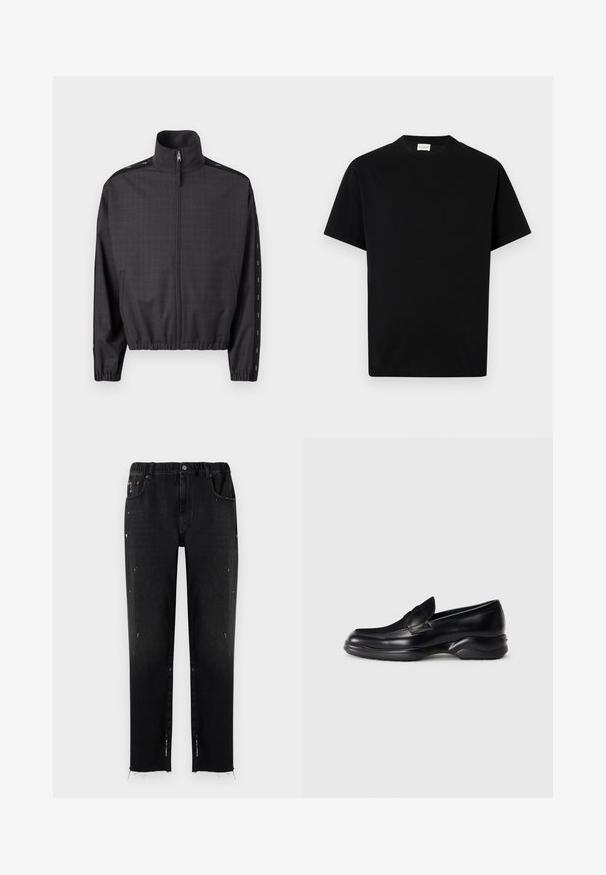 Chaqueta gris oscuro con cremallera, cuello alto, puños y dobladillo elásticos, y rayas negras con detalles blancos a lo largo de las mangas.; Camiseta de algodón negra con cuello redondo, mangas cortas y corte recto. Sin patrones visibles ni detalles de hardware.; Vaqueros negros de denim con cinturilla elástica, corte recto, detalles desgastados y dobladillo desflecado. Presenta bolsillos y cierre con botón.; Mocasines de piel negra con una suela de goma texturizada y baja, y un diseño de costura en la parte superior. Presenta una punta redondeada y mínimas ornamentaciones.