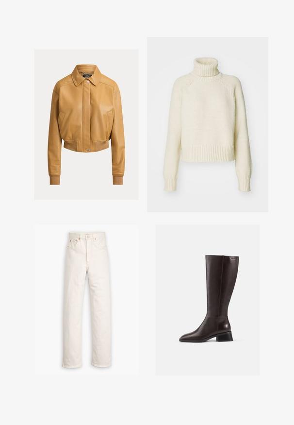 Kort leren jack in camel kleur met drukknoopsluiting aan de voorkant, puntige kraag, zijzakken en geribde boorden en zoom.; Crèmekleurige coltrui met een grof gebreide textuur, cropped ontwerp en geribbelde manchetten en zoom. Heeft raglan mouwen.; Witte denim jeans met een recht gesneden ontwerp, vijf zakken en koperen hardware accenten. Afgeronde zoom aan de enkels.; Kniehoge bruine leren laarzen met een gladde afwerking, ronde neus en een gestapelde zwarte hak. Eenvoudig ontwerp met minimale hardwaredetails.