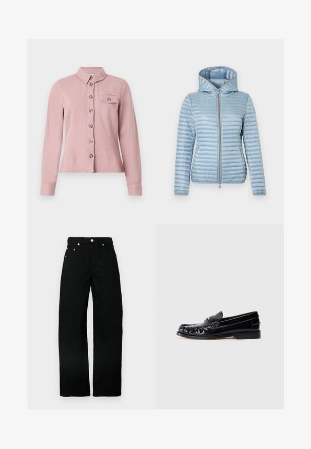 Veste matelassée bleu clair avec capuche, manches longues et fermeture éclair frontale.; Chemise rose clair à manches longues avec des boutons marron sur le devant, rabat de poche poitrine boutonné et petit col sur fond blanc.; Jean large noir en coton avec une texture douce, ornés de motifs brodés subtils et de garnitures dorées sur les poches.; Mocassins en cuir noir avec un bout arrondi, des coutures décoratives et un petit accent doré sur le dessus. Semelle en caoutchouc plate, design épuré.
