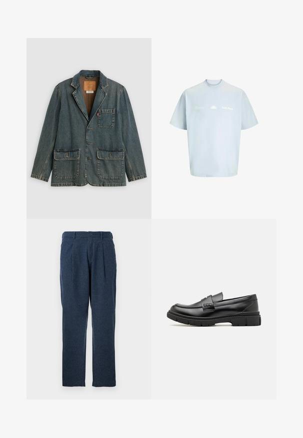 Denim sako s tromi gombíkmi, jednou náprsné vrecko s červenou štítkou a dvoma veľkými prednými vreckami na klopy, položené na bielom pozadí.; Svetlomodré bavlnené tričko s krátkymi rukávmi a okrúhlym výstrihom, na prednej strane s bielym potlačeným textom a grafikou slnka. Hladká textúra.; Tmavomodré nohavice vyrobené z textúrovanej látky, vybavené prešitím, zapínaním na gombík a rovnými nohavicami.; Čierne kožené mokasíny so širokým pásikom cez priehlavok, gumová podrážka s hrubým dezénom a hladký povrch. Klasický, elegantný dizajn.
