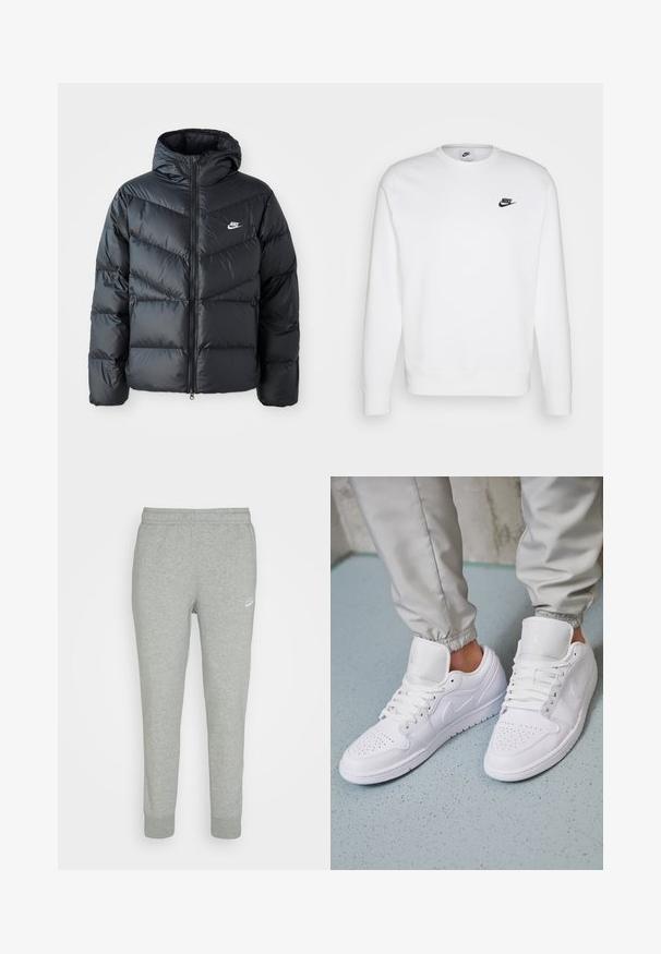 Sort dunjakke med hætte, der har lynlås foran, chevron quiltet design, sidelommer og Nike-logo på brystet.; Hvid sweatshirt lavet af bomuld med lange ærmer, rund halsudskæring og sort Nike-logo på venstre bryst. Blød tekstur med ribbede manchetter.; Grå sweatpants lavet af blødt stof, med tapered ben design, elastisk talje og lille hvid Nike-logo på venstre lår.; Hvide lædersneakers har en perforeret tåboks, flade snørebånd, polstret krave og Jordan-logoet på tungen. Båret med grå joggers.