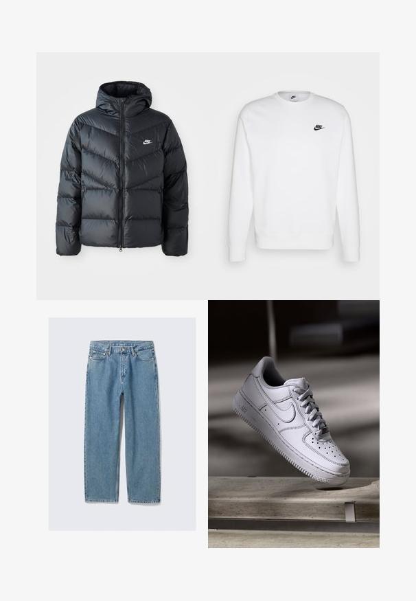 Čierna prešívaná bunda s kapucňou, disponujúca zipsovým uzáverom, dizajnom v tvare chevronu, bočnými vreckami a logom Nike na hrudi.; Biela mikina vyrobená z bavlny s dlhými rukávmi, okrúhlym výstrihom a čiernym logom Nike na ľavej hrudi. Mäkká textúra s rebrovanými manžetami.; Svetlomodré rifle s rovnými nohavicami, prednými vreckami, pútkami na opasok a zapínaním na gombíky na jednoduchej pozadí.; Biely kožený teniska Nike Air Force 1 má perforovanú špičku, ploché šnúrky a štruktúrovanú gumovú podrážku s nápisom „AIR“ na boku.
